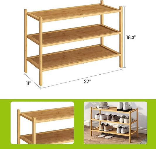 BMOSU 3-Tier Bamboo Shoe Rack Premium Stackable Shoe Shelf Storage Organizer for Hallway Closet Living Room Entryway Organizer(Natural)