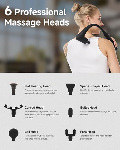 Upgraded 2-in-1 Massage Gun with Heat, Pain Relief Deep Tissue Back and Neck Massager with Extension Handle, Handheld Muscle Massage Gun for Back, Shoulder, Arm,Thigh