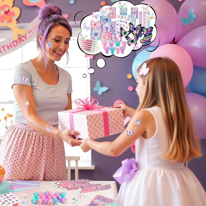 BenLouis 108Pcs Butterfly Party Favors Butterfly Fairy School Stationery Set Bulk for Kids Spring Flower Tea Birthday Birthday Goodie Bag Stuffers Classroom Gifts Rewards Pinata Filler
