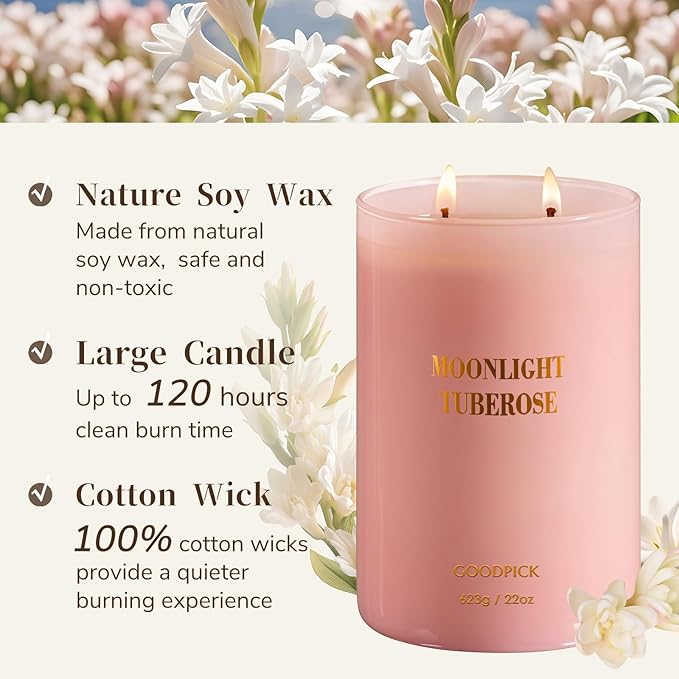 Goodpick Candles for Women, Tuberose Soy Candles for Home Scented, Large Candle for Warmer Lamp, 22oz 120 Hour, Pink