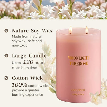 Goodpick Candles for Women, Tuberose Soy Candles for Home Scented, Large Candle for Warmer Lamp, 22oz 120 Hour, Pink