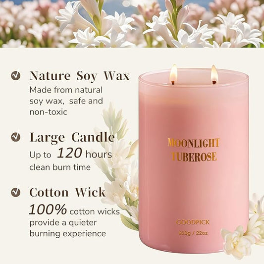 Goodpick Candles for Women, Tuberose Soy Candles for Home Scented, Large Candle for Warmer Lamp, 22oz 120 Hour, Pink