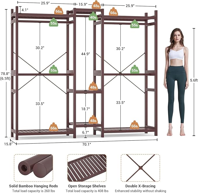 Homykic Bamboo Closet System, Large Clothing Rack for Hanging Clothes, Freestanding Clothes Rack with 7 Shelves & 5 Hanging Rods, Open Wardrobe Closet Organizer Garment Rack with 4 Hooks, Espresso