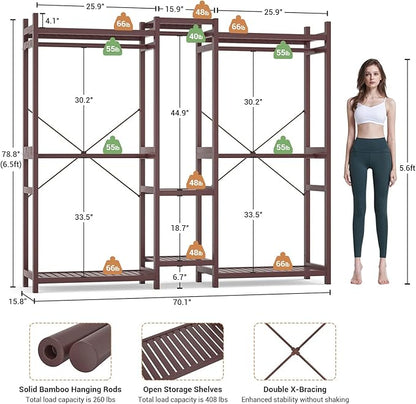 Homykic Bamboo Closet System, Large Clothing Rack for Hanging Clothes, Freestanding Clothes Rack with 7 Shelves & 5 Hanging Rods, Open Wardrobe Closet Organizer Garment Rack with 4 Hooks, Espresso