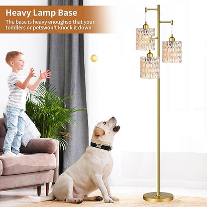 3 Lights Tree Floor Lamps for Living Room,Gold Modern Floor Lamps with Amber Glass Shades,Vintage 68IN Standing Tall Lamp with 800 Lumens Bulbs,Mid Century Floor Lamp for Bedroom Corner Office