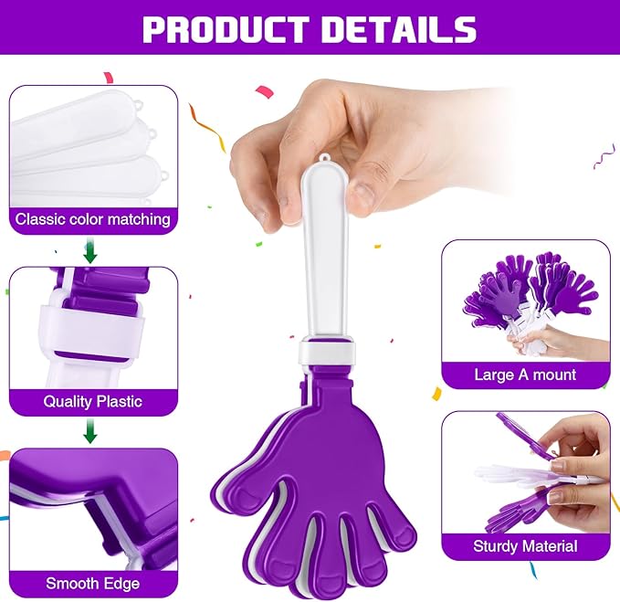 Junkin 48 Pcs Hand Clappers Bulk 7. 5 x 3. 5 Inches Noise Makers Party Favors Clapping Noise Maker Clacker for Birthdays Game Prizes Rewards Football Sporting Events Cheers Supplies (Purple,White)