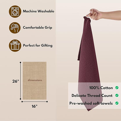 Native Fab Cotton Kitchen Towel with Hanging Loop 16x26 inches, 12-Pack, Waffle Weave Kitchen Towels for Cleaning Drying, Washcloths Soft & Absorbent Cloth Rags, Bar Towel, Dish Cloth, Burgundy Wine