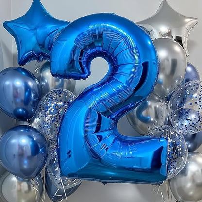 Blue 2 Balloons, 40 Inch Large Foil Number Balloons Set 0-9, Self Inflating Digital 2 Helium Balloon for Boys Men 2nd 12th 20th Age Birthday Anniversary Party Decorations Photo Shoot Supplies