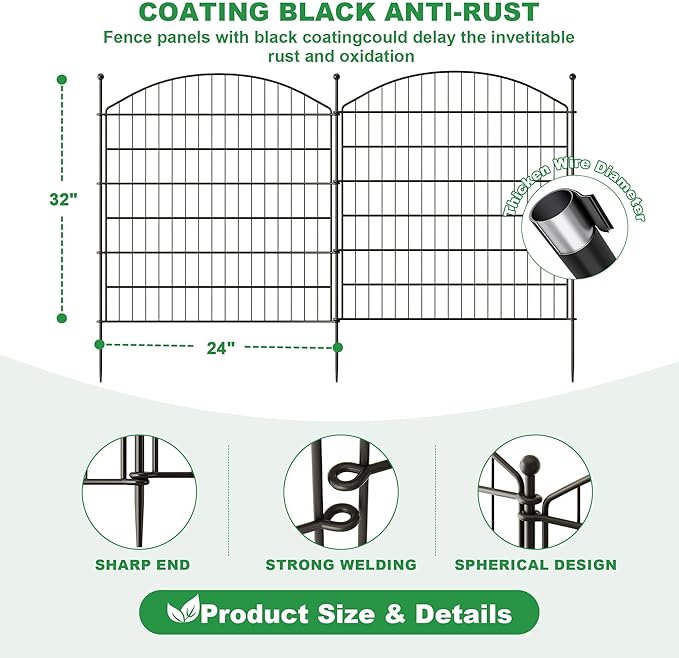 32 in(H) x24 Ft(L) No Dig Heavy Duty Metal Fence - 10 Panels Thick Rust-Resistant Decorative Fence Posts for Yard Security, Garden, Lawn, Farm and Poultry (Black)