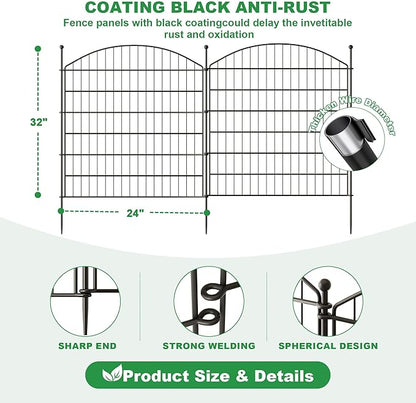32 in(H) x24 Ft(L) No Dig Heavy Duty Metal Fence - 10 Panels Thick Rust-Resistant Decorative Fence Posts for Yard Security, Garden, Lawn, Farm and Poultry (Black)