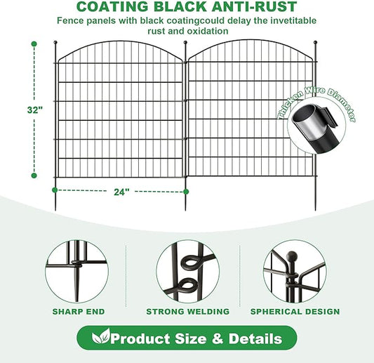 32 in(H) x24 Ft(L) No Dig Heavy Duty Metal Fence - 10 Panels Thick Rust-Resistant Decorative Fence Posts for Yard Security, Garden, Lawn, Farm and Poultry (Black)