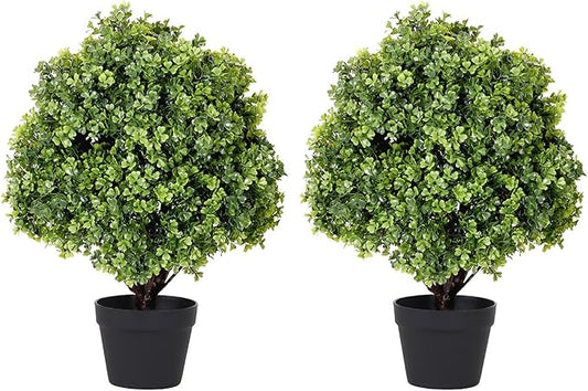 THE BLOOM TIMES 2ft Faux Boxwood Plants Outdoor Set of 2, 24" UV-Resistant Artificial Evergreen Topiary Ball, Fake Potted Greenery Shrubs & Bushes for Front Porch Planter, Patio Outside Decor