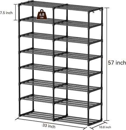 SUFAUY 8 Tier Large Metal Shoe Rack Organizer with Hooks, Large Capacity 40 Pairs Sturdy Shoe Boot Storage, Black