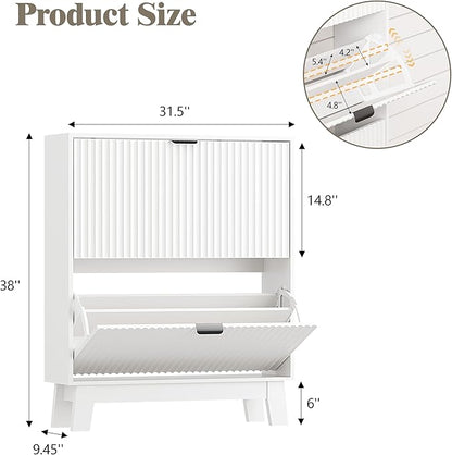 Shoe Cabinet Storage for Entryway with 2 Flip Drawers, Fluted Narrow Shoe Organizer with Wooden Legs, Freestanding Slim Shoe Storage Hidden Shoe Rack Organizer for Front Door Entrance, White