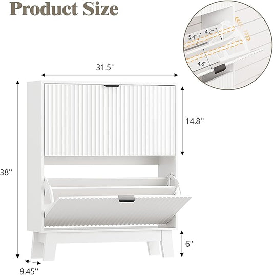 Shoe Cabinet Storage for Entryway with 2 Flip Drawers, Fluted Narrow Shoe Organizer with Wooden Legs, Freestanding Slim Shoe Storage Hidden Shoe Rack Organizer for Front Door Entrance, White
