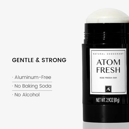 Atom Fresh Natural Deodorant Solid Stick – 72H Triple Odor Defense – Aluminum-Free, Baking Soda-Free – With Amino Acids, Mineral Powder, Plant-based Starch – Rose Fressia Oud – Skin Safe – 2.9 oz