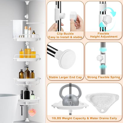 Upgrade Sturdy Shower Caddy Tension Pole Corner Shower Caddy Bathroom Organizer 18/8 Stainless Steel Rustproof 4 Tier Adjustable Shelves for Bathtub Shampoo Accessories Storage Rack 32-122inch