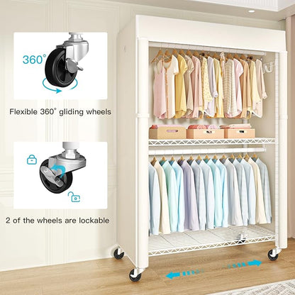White Clothing Rack with Beige Cover, P1C Plus Rolling Closet with Wheels, Metal Garment Rack for Hanging Clothes, Clothing Storage Wardrobe, 46" W x 18.5" D x 80.7" H, Load 524 Pounds