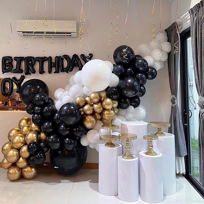 Metallic Gold and Premium Latex Black White Balloons, 60Pcs 12 Inch Black Gold Confetti Balloons with Black and Gold Ribbons Set for Birthday Graduation Baby Shower Wedding Party Decorations