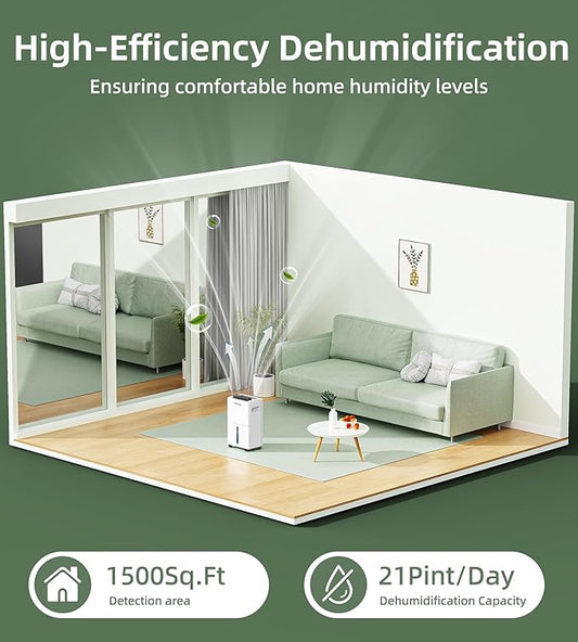 Bicepos 1500 sq.ft Dehumidifier for Basement, 21 Pints Dehumidifiers for Home with Drain Hose, Continuous Drainage, Auto Defrost, Intelligent Humidistat for Bedroom, Large Room, White