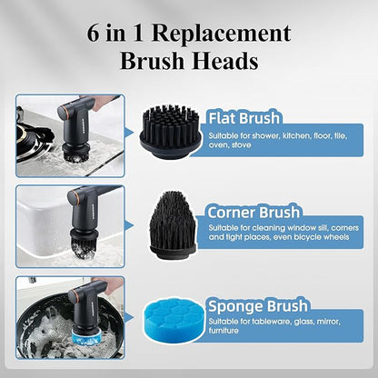 Electric Spin Scrubber, Bathroom Shower Scrubber with LCD Display, 2 Speeds Electric Scrubber for Cleaning with 6 Replaceable Heads, 4-Hour Runtime‌, Cleaning Brush for Kitchen/Car, Gray-Black