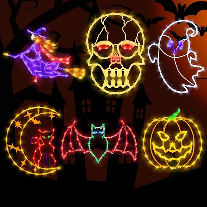 16" Halloween Window Silhouette Lights - 6 Pack Colour Lighted Cat on Moon & Skull Head & Bat & Witch & Pumpkin & Ghost for Holiday Indoor and Outdoor Wall Door Window Decorate