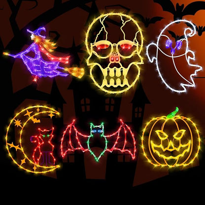 16" Halloween Window Silhouette Lights - 6 Pack Colour Lighted Cat on Moon & Skull Head & Bat & Witch & Pumpkin & Ghost for Holiday Indoor and Outdoor Wall Door Window Decorate