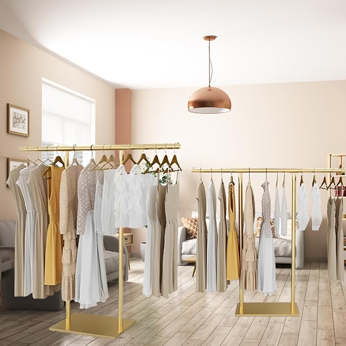 Gold Clothing Rack for Boutique, Gold Garment Rack, Double Pole Supported Stable Metal Retail Clothes Stand, Freestanding Clothes hanging Rack in Bedroom and Laundry Room (gold, 39.37X51.18in)