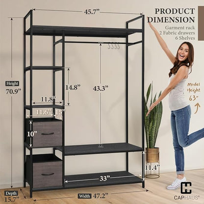 CAPHAUS 979lbs Capacity Heavy Duty Clothing Rack 48" W Metal Garment Rack with Drawers Hanging Rods and Wood Shelves Freestanding Closet Organizer, Black Board