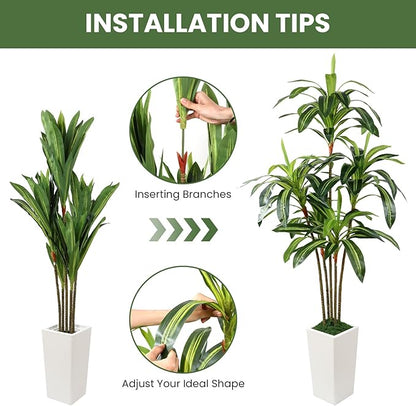 Artificial Dracaena Fake Tree 6FT, White High Pot Artificial Plants Indoor&Outdoor, Fake Plants for Office/Home/Living Room Potted Decoration, 6ft