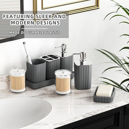 Bathroom Accessories Set- 25PC Grey Bathroom Set, Bathroom Set with Shower Curtain and Rugs, Shower Curtain Set, Toilet Brush, Trash Can, Qtip Holder Dispenser & Soap Dispenser
