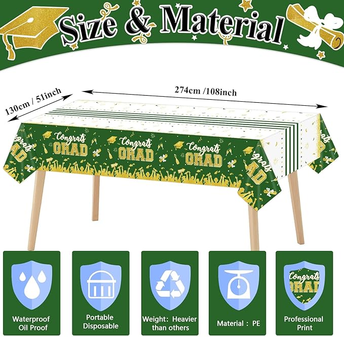 chiazllta Set of 3 Graduation Tablecloths Class of 2025 Congrats Grad Green Graduation Party Tablecover Decorations Party Supplies Large Size Plastic 54"x108"(Green & Gold)