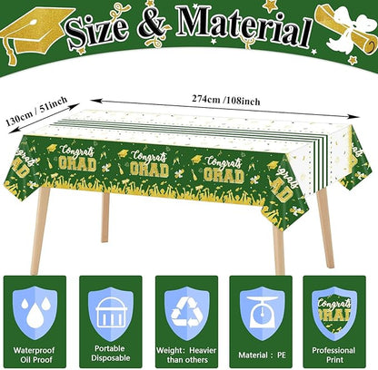 chiazllta Set of 3 Graduation Tablecloths Class of 2025 Congrats Grad Green Graduation Party Tablecover Decorations Party Supplies Large Size Plastic 54"x108"(Green & Gold)