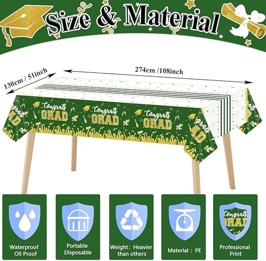 chiazllta Set of 3 Graduation Tablecloths Class of 2025 Congrats Grad Green Graduation Party Tablecover Decorations Party Supplies Large Size Plastic 54"x108"(Green & Gold)