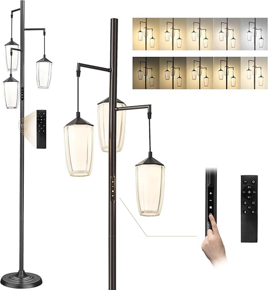 ELYONA Modern Dimmable Floor Lamp, 3-Light Standing Lamp with Remote & Touch Control, Stepless Adjustable 2200K-6500K Colors & Brightness 24W LED Reading Light for Bedroom Living Room Office, Black