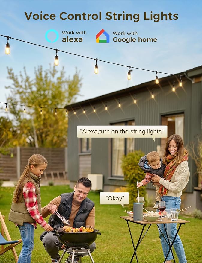 XMCOSY+ Smart Patio Lights 49Ft LED Outdoor String Lights Waterproof IP65, App Control, Compatible with Alexa, Dimmable Edison Bulbs Outdoor Light for Yard Porch Bistro Outside