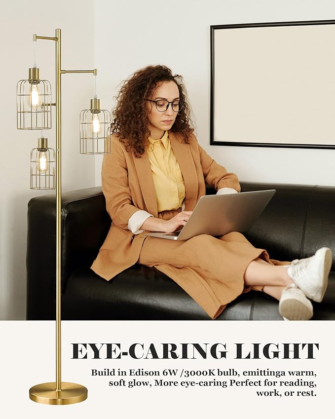 ELYONA Modern Dimmable Floor Lamp for Living Room, Gold Tree Standing Light with 3 Metal Cage Shades, Industrial 71” Tall Pole Floor Lamps for Bedroom Reading, Office, LED Edison Bulbs Included
