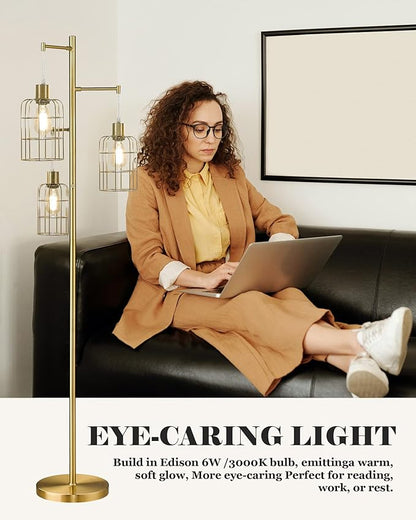 ELYONA Modern Dimmable Floor Lamp for Living Room, Gold Tree Standing Light with 3 Metal Cage Shades, Industrial 71” Tall Pole Floor Lamps for Bedroom Reading, Office, LED Edison Bulbs Included