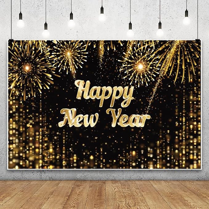 Leowefowa 5x3ft Happy New Year Backdrop Black and Gold 2025 New Year Party Background for Party Gold Firework Glitter Light Spots Festival Eve Party Banner Decor Photography Supplies Prop