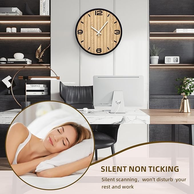 8 Inch Round Wall Clock Battery Operated Wooden, Non-Ticking Quartz Decorative Analog Clocks for Apartment, Living Room, Bedroom, Hallway, Classroom - Easy to Install & Read