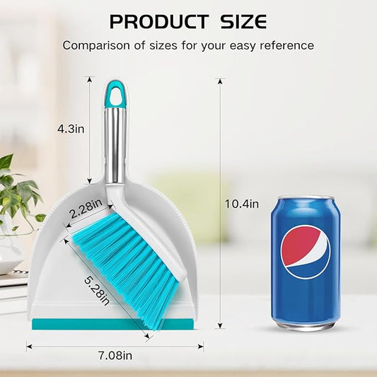 NACENA Mini Broom and Dustpan Set, Small Dust Pan and Brush Set with Handle Dustpan Teeth for Cleaning Hair Suitable for Office Desks Drawers Sofa Outdoor Camping, Light & Blue