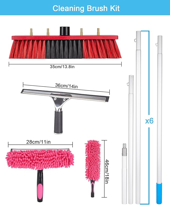 26ft Solar Panel Cleaning Brush & Squeegee, 2 Dusting Brush, Lightweight & Extendable Poles, Water Fed Poles Kit for Roof Window Greenhouse
