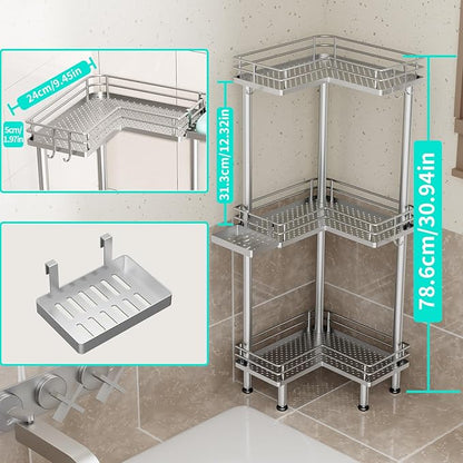 HapiRm Corner Shower Caddy Standing - 3 Tier Shower Organizer Corner with Soap Holder, Rustproof Bathroom Standing Organizer with 4 Hooks, Silver