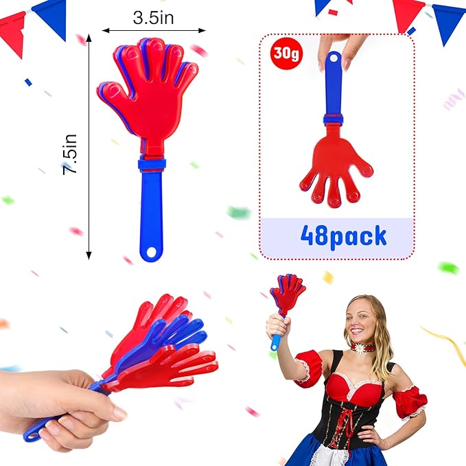 Junkin 48 Pcs Hand Clappers Bulk 7. 5 x 3. 5 Inches Noise Makers Party Favors Clapping Noise Maker Clacker for Birthdays Game Prizes Rewards Football Sporting Events Cheers Supplies (Red Blue)