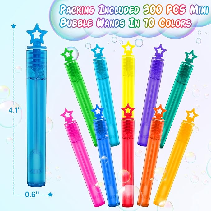 300 Pack Mini Bubble Wands in 10 Color, Bulk Party Favors for Kids, Ideal Goodies Bags Stuffers, Themed Birthday, Valentine, Easter, Halloween, Christmas, School Classroom Prizes for Boys & Girls