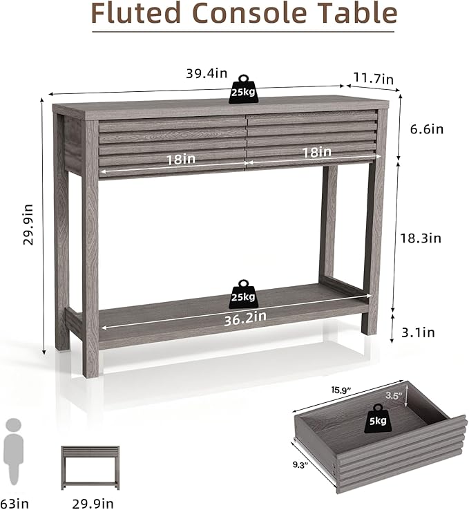 BREEZEHEAT 40" Fluted Console Table with 2 Drawers, Modern Wood 2 Tier Entryway Table with Storage Shelf, Narrow Sofa Table Behind Couch Accent Table for Entrance Foyer, Hallway, Living Room, Gray