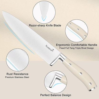 Kuisine Chef Knife Set,High Carbon Stainless Steel Sharp Knife Set Ergonomic Handle,Kitchen Knife Block Set with Built-in Sharpener(Ivory Pro,15PCS)