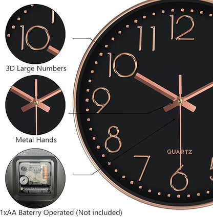 Wall Clock, Silent Wall Clocks Battery Operated 10 Inch- Modern Non Ticking Analog Clock with Large Numerals Tempered Glass Clocks for Bedroom, Living Room, Kitchen, Office Decor, Black