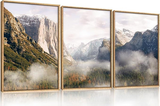 HLNIUC Framed National Park Wall Art Set, Rocky Mountain Grand Canyon Yosemite Wall Decor, Misty Forest Wall Painting, Nature Landscape Canvas Art Prints for Living Room, Bedroom, Office - 16"x24"x3