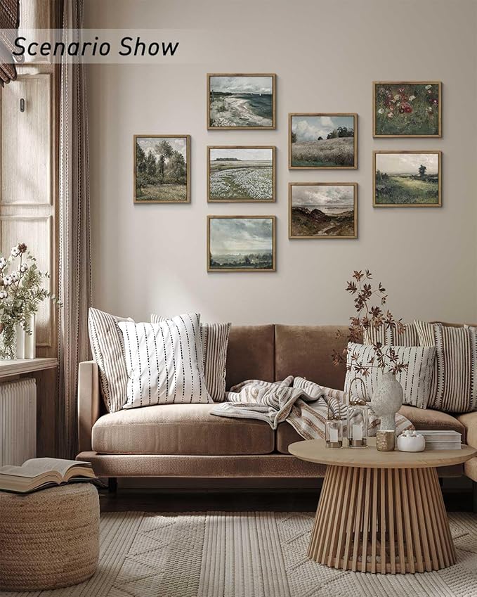 InSimSea Framed Canvas Wall Art Vintage Decor, Landscape Wall Art, Boundless Grassland Full of White Flowers Canvas Painting Wall Decor, Retro Farmhouse Bedroom Decoration, 9"x11"